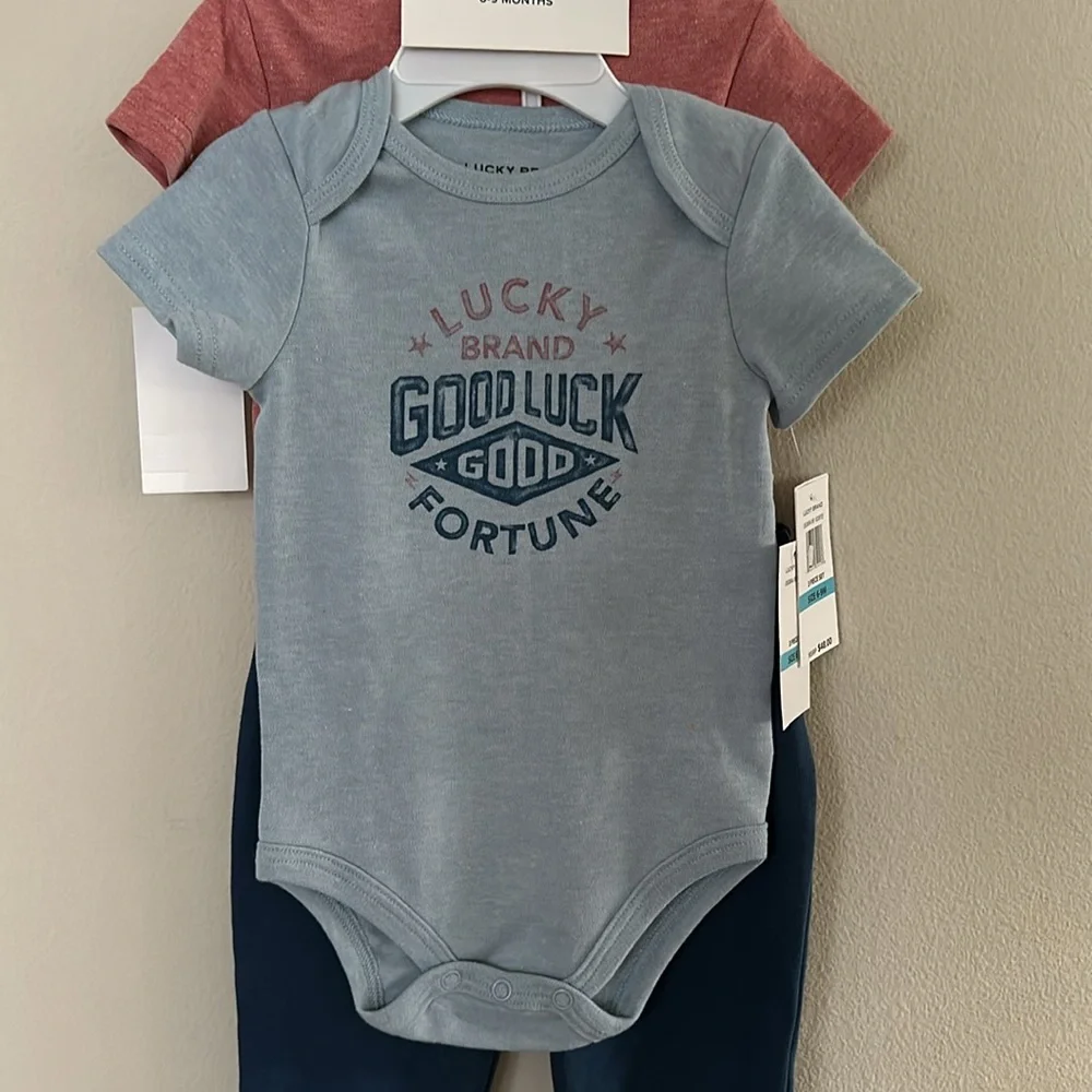 Lucky Brand Infant Boy 3 Pcs Set 6-9 Months Bodysuit Pant Good Luck Good Fortune